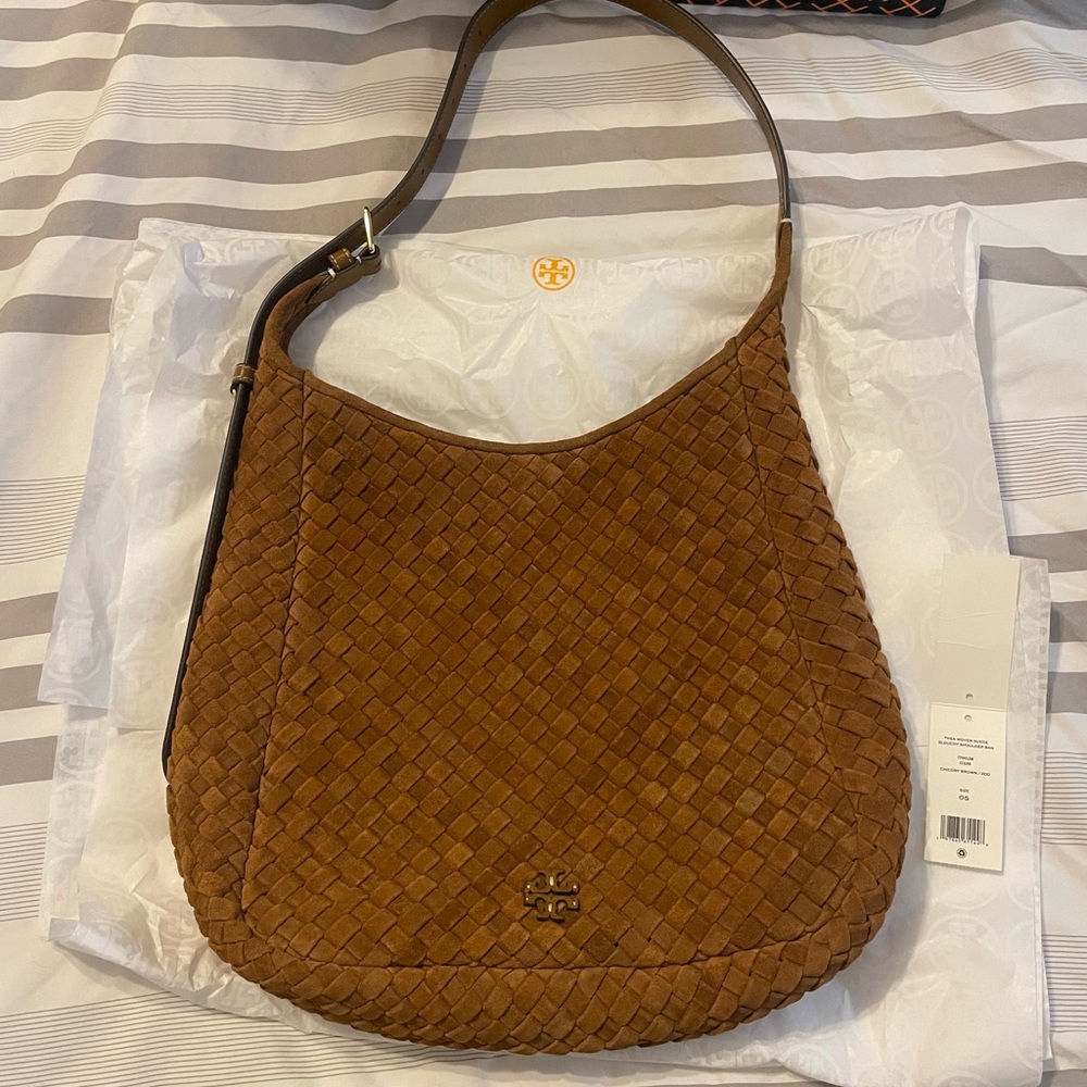 Tory Burch Brown Woven Suede Shoulder Hobo